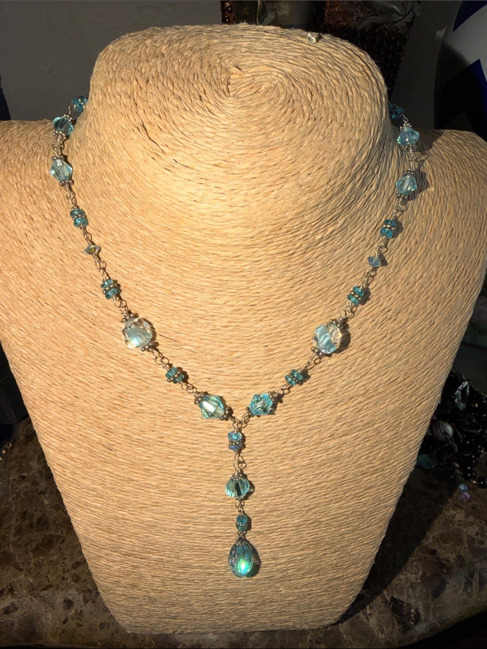 Aquamarine  Blue Crystal sterling silver Necklace vintage